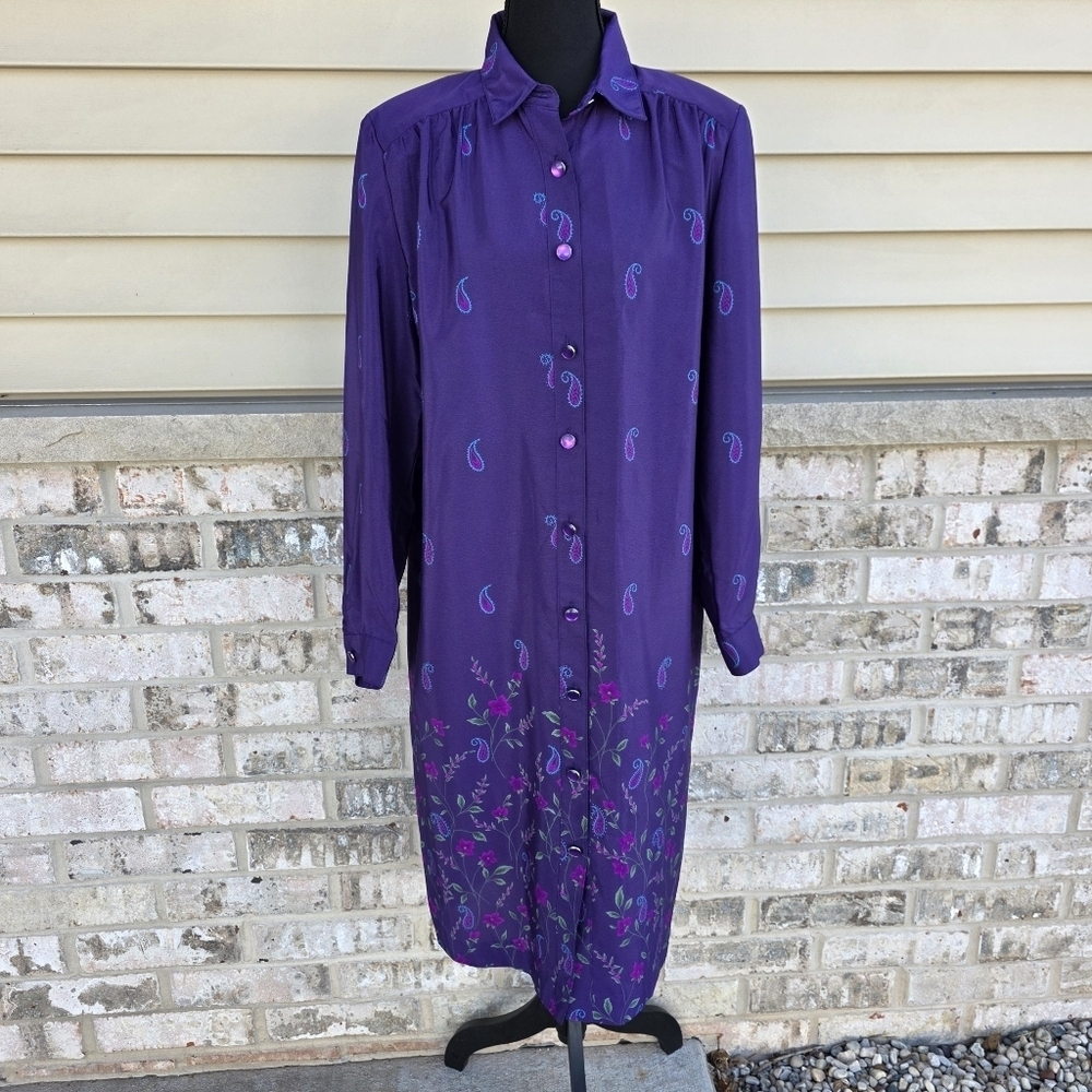 Vintage 90s Leslie Fay Purple Paisley Floral Shirt Dress Size 10